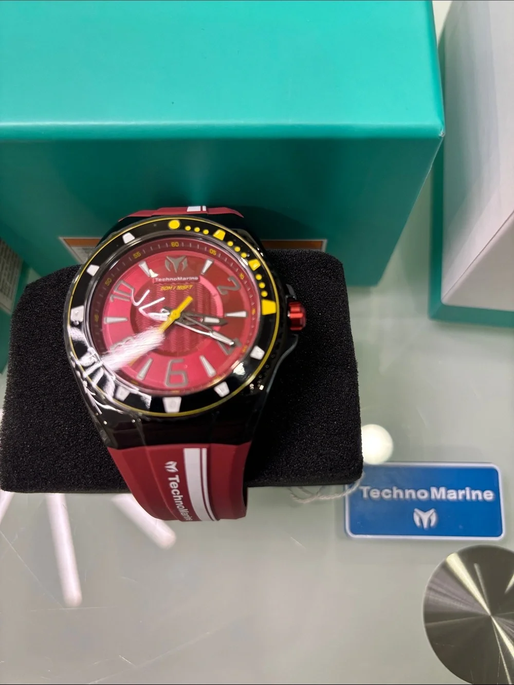 TechnoMarine Red and Black Sport Diver Watch with Yellow Accents